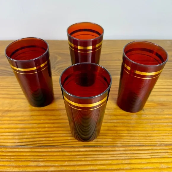 Vintage Ruby Red Glass Tumblers with Gold Design – Set of 4 - Picture 13 of 16